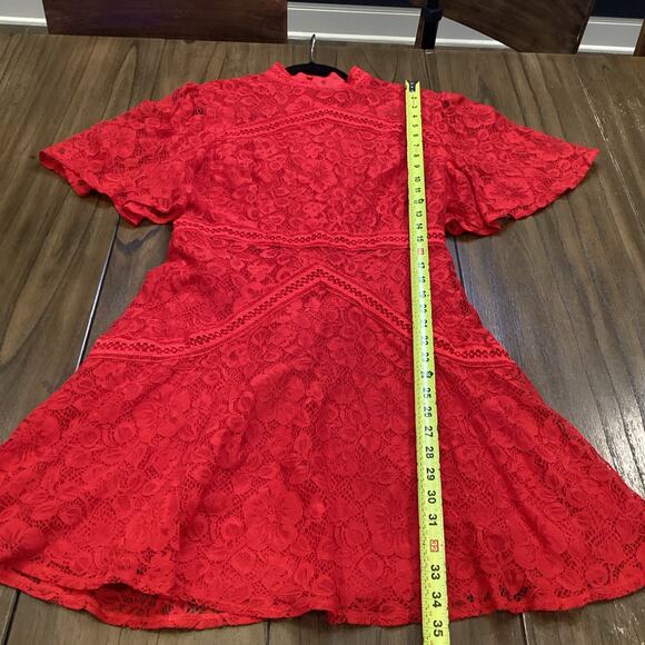 Strut & Bolt floral Lace Lined Mock Neck Short Sleeve flare Mini Dress Red Large - Picture 7 of 11